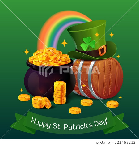 A festive St. Patrick s Day composition featuring a pot of gold overflowing with shiny coins, a leprechaun hat, a wooden barrel, and a vibrant rainbow in the background. The rich green tones, glowing A festive St. Patrick s Day composition featuring a pot of gold overflowing with shiny coins, a leprechaun hat, a wooden barrel, and a vibrant rainbow in the background. The rich green tones, glowing 122465212