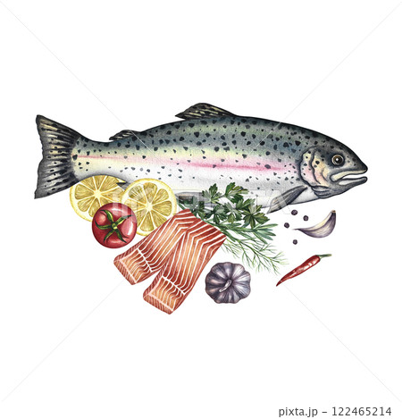 Trout, whole and sliced, with lemon and vegetables. A hand-drawn watercolor illustration. A color image of a fish dish. On a white background. For menus, recipe books, packages, labels, invitations. Trout, whole and sliced, with lemon and vegetables. A hand-drawn watercolor illustration. A color image of a fish dish. On a white background. For menus, recipe books, packages, labels, invitations. 122465214