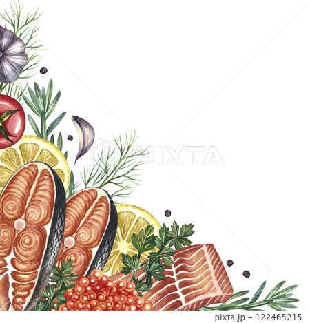 Corner frame with an image of sliced red fish with vegetables. A hand-drawn watercolor illustration. A color image of a seafood template. On a white background. For menus, label, packaging, invitation 122465215