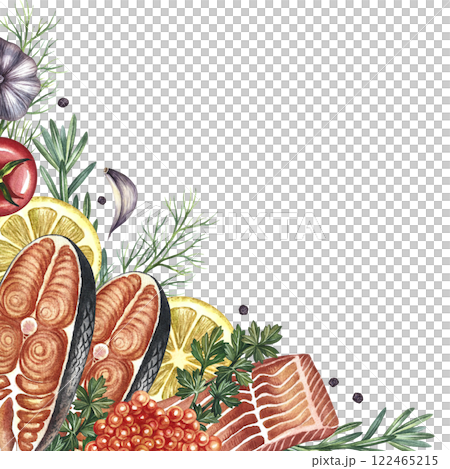 Corner frame with an image of sliced red fish with vegetables. A hand-drawn watercolor illustration. A color image of a seafood template. On a white background. For menus, label, packaging, invitation 122465215