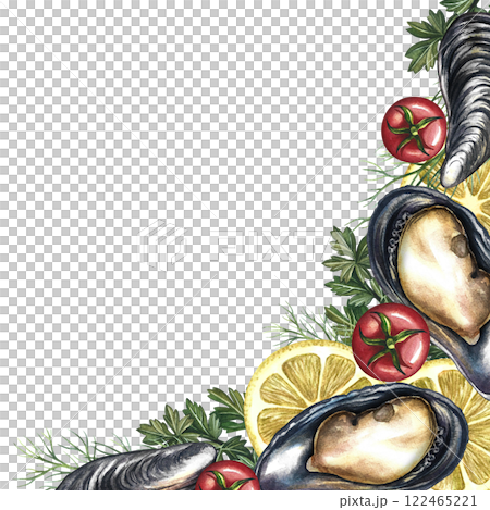 Corner frame with mussels, lemon, herbs and cherry tomatoes. Handmade watercolor illustration. A color image of a seafood template. On a white background. For menus, invitations, packages, labels. Corner frame with mussels, lemon, herbs and cherry tomatoes. Handmade watercolor illustration. A color image of a seafood template. On a white background. For menus, invitations, packages, labels. 122465221