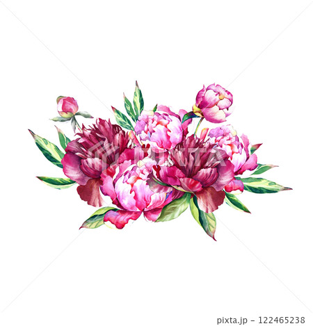 A bouquet of flowers isolated on a white background. Watercolor illustration of pink peony flowers and buds with green leaves. Botanical drawing for the design of postcards, logos, banners 122465238