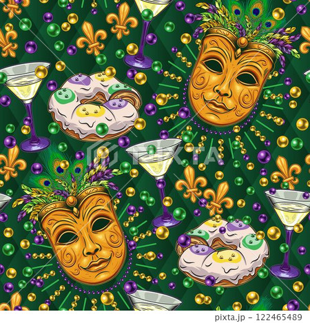 Carnival Mardi Gras green pattern with festive food, martini cocktail glass, king cake, golden venetian golden face mask with feathers, scattered beads, fleur de lis sign. Vintage style 122465489