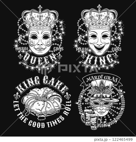 Carnival Mardi Gras labels with masquerade masks, crown, festive food king cake, beer, beads, glossy text. Monochrome illustrations on black background. For prints, clothing, t shirt, holiday design 122465499