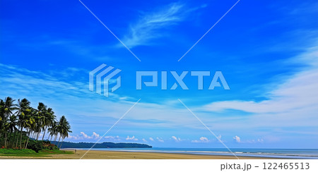 Tropical beach landscape. Palm trees sandy shore ocean. Travel tourism vacation poster. Bright vivid colors scenic view 122465513