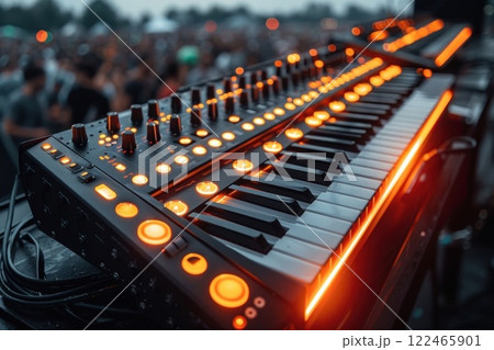 Close-up of synthesizer with orange lights and keys in blurred concert crowd background Close-up of synthesizer with orange lights and keys in blurred concert crowd background 122465901