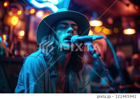 Young male country singer performing at a local bar with a blue neon light in the background 122465942