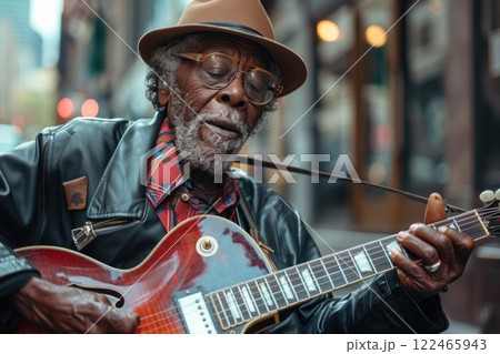 African American Senior Man Playing Blues Guitar on Street Corner 122465943