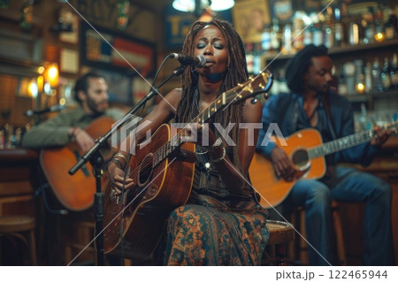 Diverse Musicians Performing Live at a Cozy Bar with Warm Lighting and Soulful Music 122465944