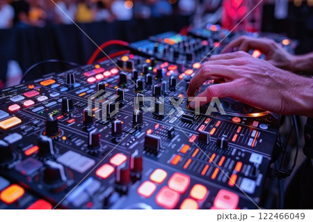 Unrecognizable DJ Hands Mixing Music at Turntable Surrounded by Vibrant Lights at Live Event Unrecognizable DJ Hands Mixing Music at Turntable Surrounded by Vibrant Lights at Live Event 122466049