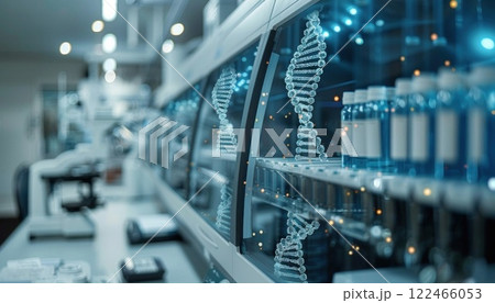 Blue glowing DNA double helix strands on a lab background with microscope and test tubes on shelves 122466053