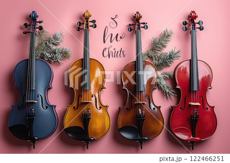 Four string instruments on a pink background with a Christmas theme 122466251