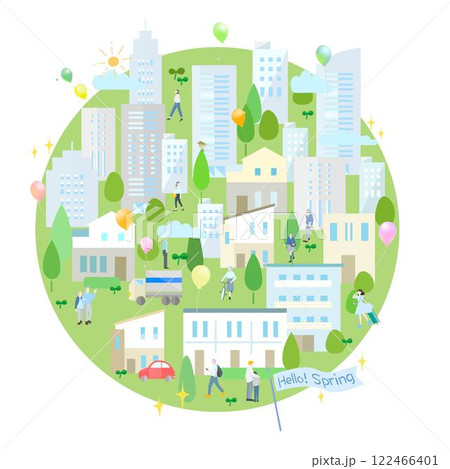 緑と建物群ー街並みと人々の歩く風景ベクターイラストー地球の中にいる人たちー春の背景素材 122466401