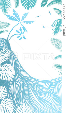 Vertical background palm trees and sea graphic lines. Hand drawing. Not AI, Vector illustration. 122466457