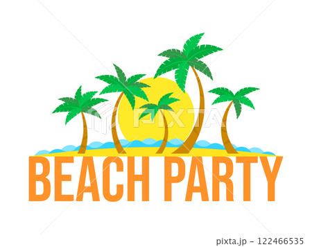 Beach party text with landscape with coastline palm trees and sun on background. Banner of tropical palm trees on shore and sunset isolated on white background. Vector illustration 122466535