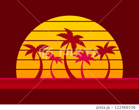 Tropical palm trees at sunset in a futuristic 80s style. Summer time, silhouettes of palm trees in synthwave and retrowave style. Design of advertising booklets and banners. Vector illustration 122466536
