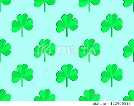 Seamless pattern with green clover leaves in pixel art style and 3d for St. Patrick's Day. Pixel art shamrock in the style of 8-bit retro graphics of the 80s - 90s. Vector illustration Seamless pattern with green clover leaves in pixel art style and 3d for St. Patrick's Day. Pixel art shamrock in the style of 8-bit retro graphics of the 80s - 90s. Vector illustration 122466552