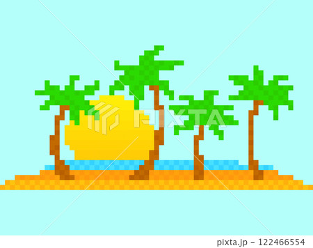 Pixel landscape with palm trees, coastline and sun. Pixel tropical palm trees on the shore and sunset in 8-bit retro style of the 80s - 90s. Design for banner and poster. Vector illustration Pixel landscape with palm trees, coastline and sun. Pixel tropical palm trees on the shore and sunset in 8-bit retro style of the 80s - 90s. Design for banner and poster. Vector illustration 122466554