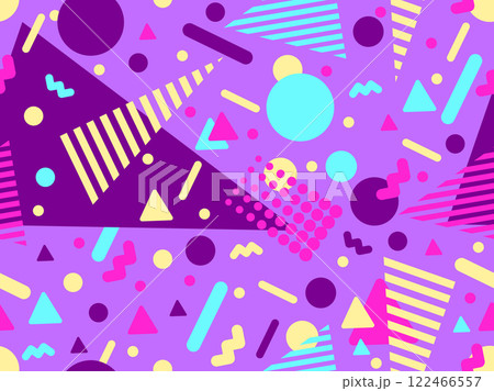 Geometric seamless pattern with memphis elements in 80s style. Colorful geometric pattern. Design of promotional products, wrapping paper and printing. Vector illustration Geometric seamless pattern with memphis elements in 80s style. Colorful geometric pattern. Design of promotional products, wrapping paper and printing. Vector illustration 122466557