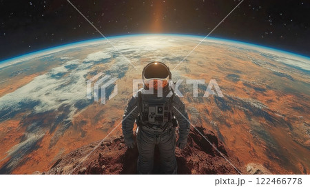 A lone astronaut standing on a rocky Martian-like planet gazing at the distant horizon with Earth in the sky 122466778
