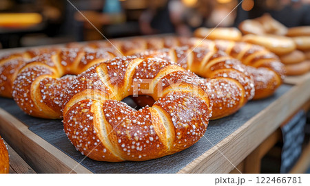 Freshly baked Bavarian pretzels with a golden crust, sprinkled with coarse salt, displayed at a traditional market stall 122466781