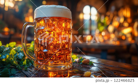 A frosty glass of amber beer with a foamy head sits on a wooden table in a warm, rustic pub setting with soft lighting 122466825