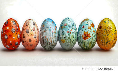 A row of intricately painted Easter eggs with floral and speckled designs, arranged against a white background 122466831