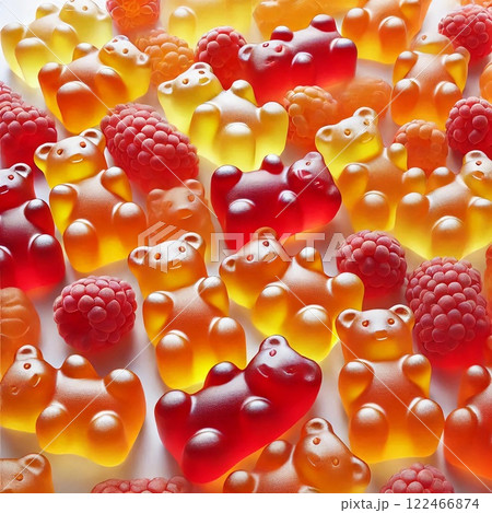 Bear-shaped chewy candy assortment with bright colours and detailed texture on a light background 122466874