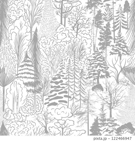 Monochrome seamless background mixed forest. pattern botanical illustration. hand drawing. Not AI Vector illustration Monochrome seamless background mixed forest. pattern botanical illustration. hand drawing. Not AI Vector illustration 122466947