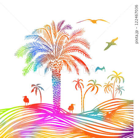 Graphic colored palm tree with seagulls. hand drawn. Not AI, Vector illustration Graphic colored palm tree with seagulls. hand drawn. Not AI, Vector illustration 122467036