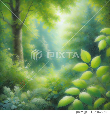 光が差し込む光が差し込む幻想的な緑の森 | 癒しの自然風景幻想的な緑の森 | 癒しの自然風景イラスト 122467230