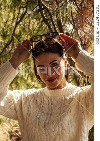 young pretty brunette woman on sea coast, lifestyle people concept 122467281