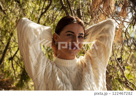young pretty brunette woman on sea coast, lifestyle people concept 122467282
