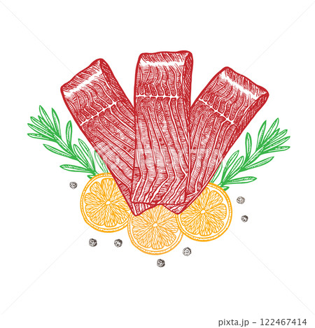 Fillet of red fish, sliced, with lemon and herbs. Hand-drawn vector illustration. A color image of a fish dish. On a white background. For menus, recipe books, packages, labels, invitations, banners. 122467414