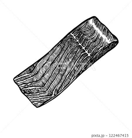 A butchered piece of fish fillet. A hand-drawn vector graphic illustration. Black and white image of seafood.. Separate from the background. Perfect for menus, recipe books, packages, labels, and more 122467415