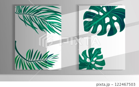 Tropical leaf vector illustration showcasing vibrant green foliage in a modern interior space 122467503