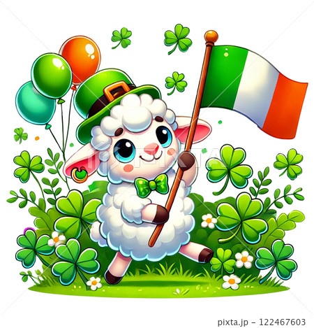 Adorable sheep celebrating with balloons and a flag. St. Patrick's animal cartoon character 122467603