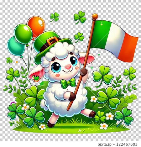 Adorable sheep celebrating with balloons and a flag. St. Patrick's animal cartoon character 122467603