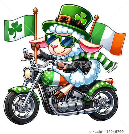 Cartoon sheep celebrating St. Patrick's Day on a motorcycle. St. Patrick's animal cartoon character 122467604