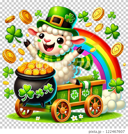 Cheerful cartoon sheep celebrating St. Patrick's Day with gold. St. Patrick's animal cartoon character 122467607