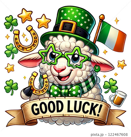 Cheerful cartoon sheep wishing good luck with festive symbols. St. Patrick's animal cartoon character 122467608