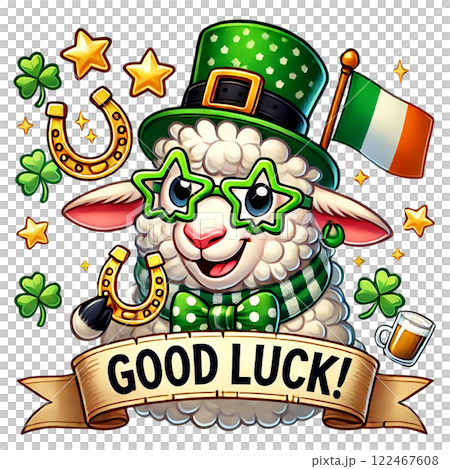 Cheerful cartoon sheep wishing good luck with festive symbols. St. Patrick's animal cartoon character 122467608