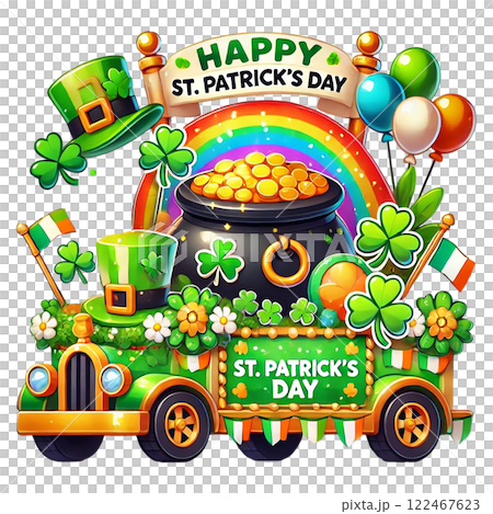 Festive St. Patrick's Day parade with colorful decorations. St. Patrick's animal cartoon character Festive St. Patrick's Day parade with colorful decorations. St. Patrick's animal cartoon character 122467623