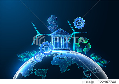 Environmental Social Governance ESG futristic concept with sustainability symbols on Earth on blue 122467788