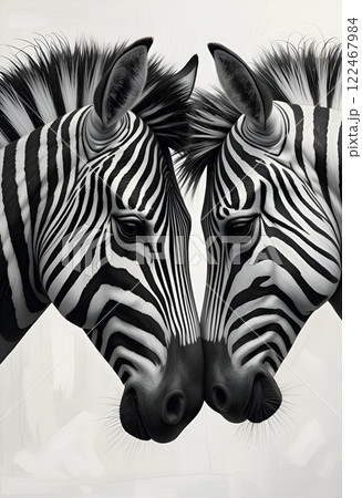 beautiful  fine art double portrait of zebra against white background. Digital artwork. Ai generated 122467984