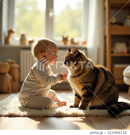 A curious baby sits on a soft rug, gazing intently at a fluffy cat. The sun filters through the windows, creating a warm and inviting atmosphere in a playful living room. 122468116