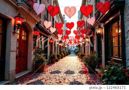 A quaint alley is decorated with red and pink hearts hanging above, setting a romantic atmosphere. 122468171