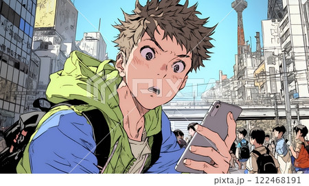 スマホの画面を見て驚いている若い男性