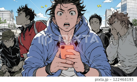 スマホの画面を見て驚いている若い男性