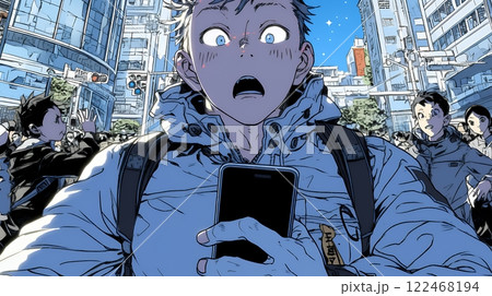 スマホの画面を見て驚いている若い男性
